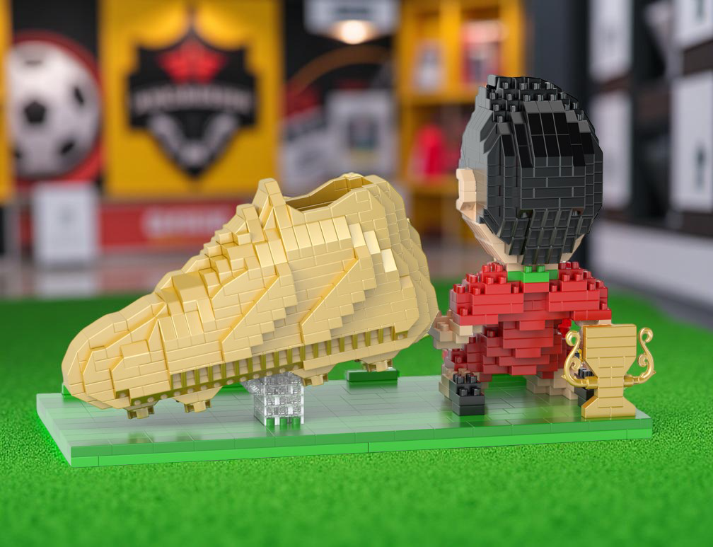 Briques de construction type LEGO : ballon, chaussures et joueurs de football foot