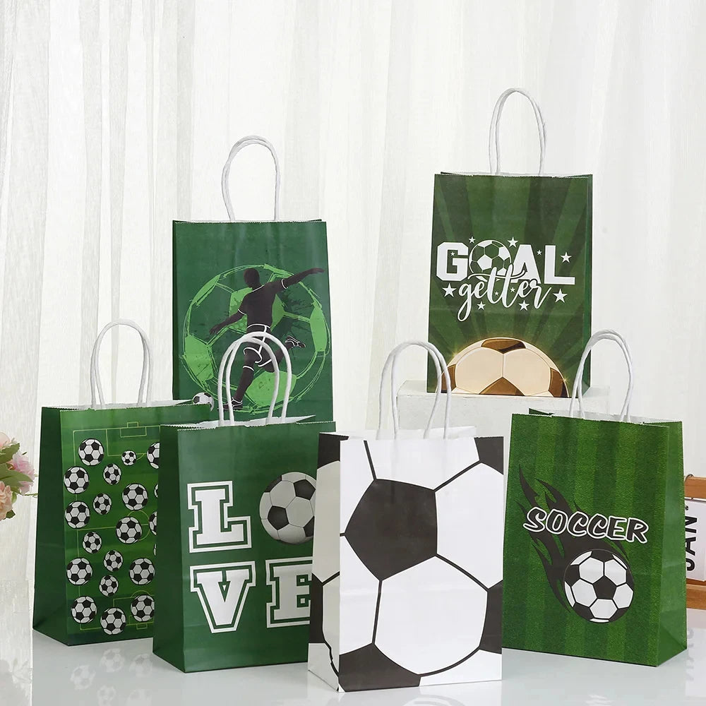 10pcs Soccer Party Favors Paper Bag Football Theme Candy Bags with Handle Ties Gift Packaging Bags Kids Birthday Party Decor