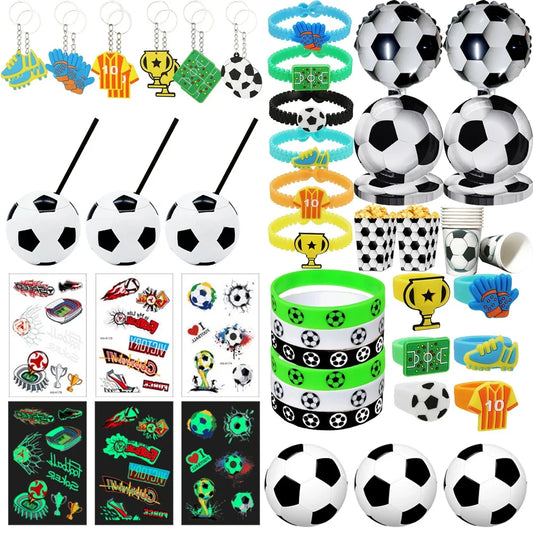 Kit Décorations et Cadeaux Fête Thème Football – Gobelets avec Paille, Balles Anti-Stress, Bracelets, Tatouages, Autocollants
