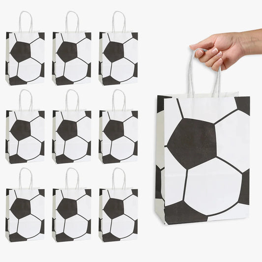 10pcs Soccer Party Favors Paper Bag Football Theme Candy Bags with Handle Ties Gift Packaging Bags Kids Birthday Party Decor