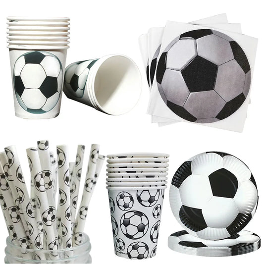 Vaisselle Jetable Thème Football – Assiettes, Serviettes, Gobelets et Pailles pour Anniversaire ou Fête