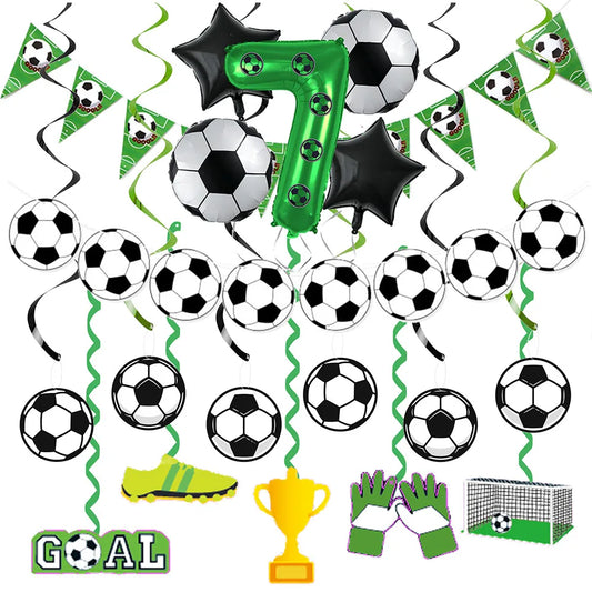 Kit Décoration Anniversaire Football – Bannière, Spirales Suspendues & Ballon Chiffre 7 – Thème Soccer Garçon 7 Ans